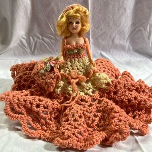 Vintage Doll with Crocheted Dress, Hat and Purse